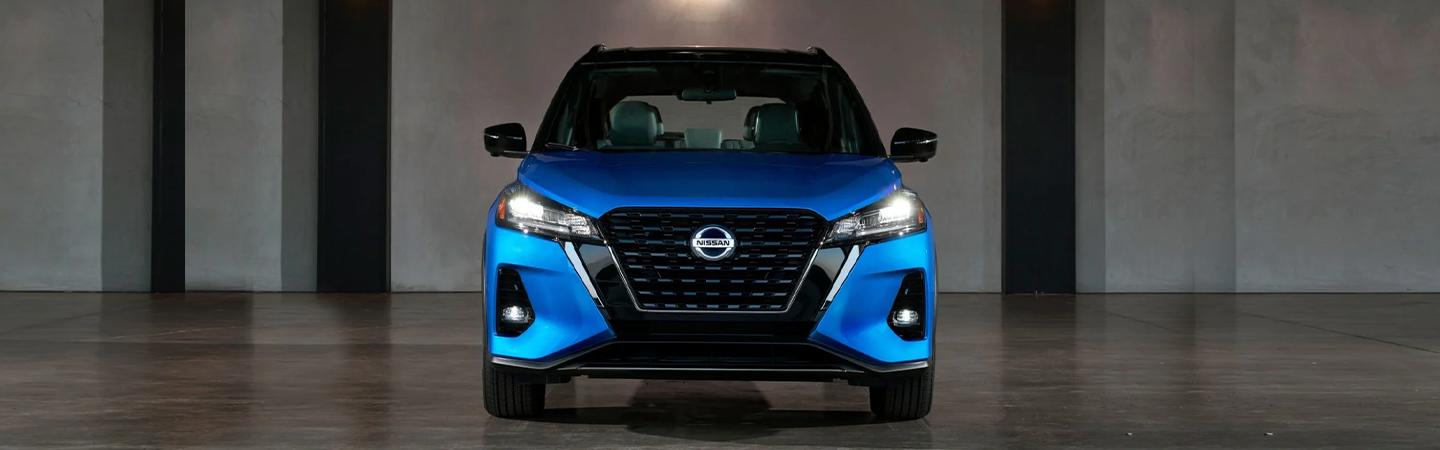 Front view of a blue 2021 Nissan Kicks