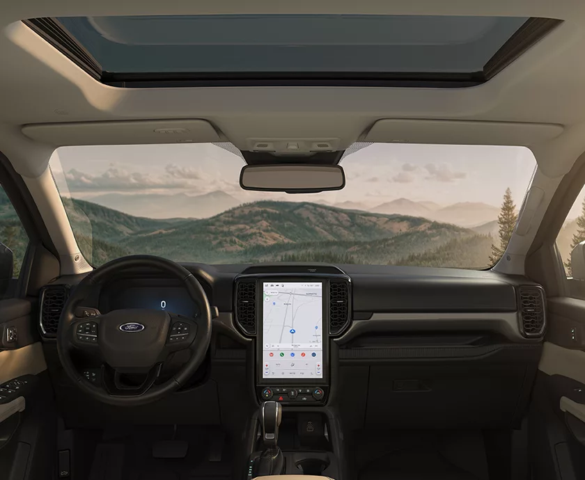 Vehicle interior showing the front seating area