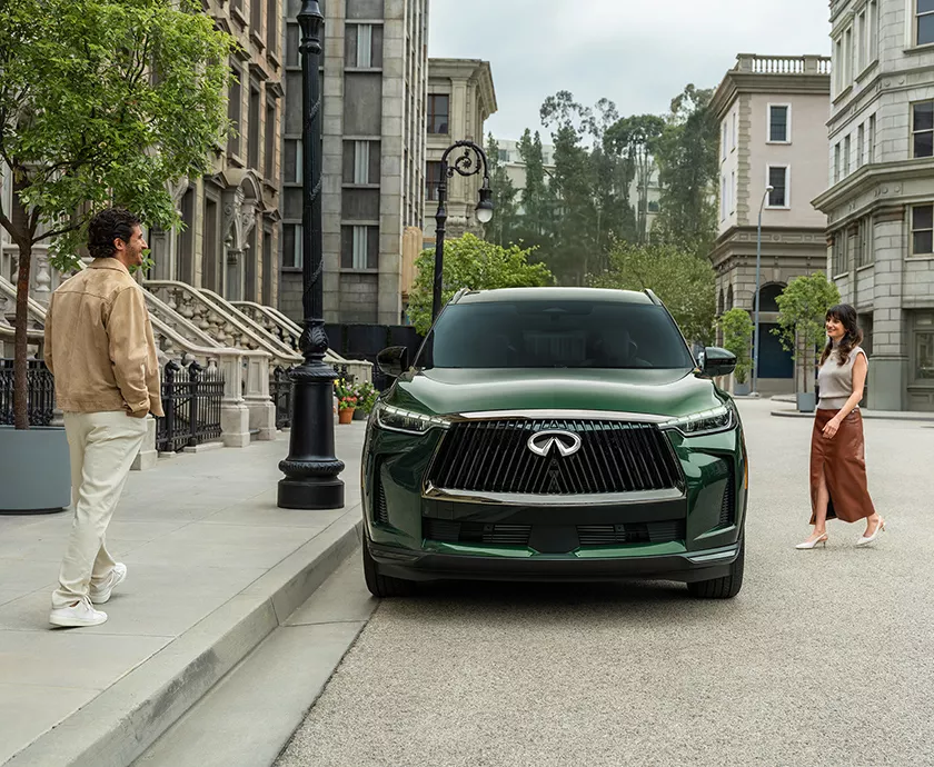 front view of a parked 2027 INFINITI QX60 Vehicle exterior shown from a three-quarter angle