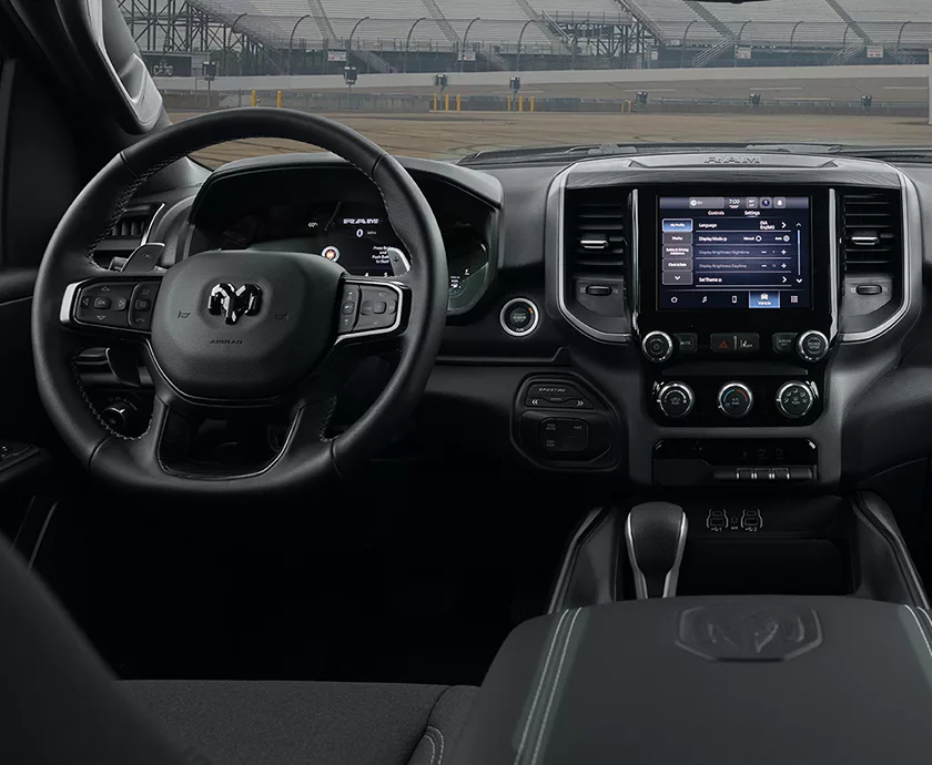 Interior view of the dashboard and tech in a 2027 RAM 1500