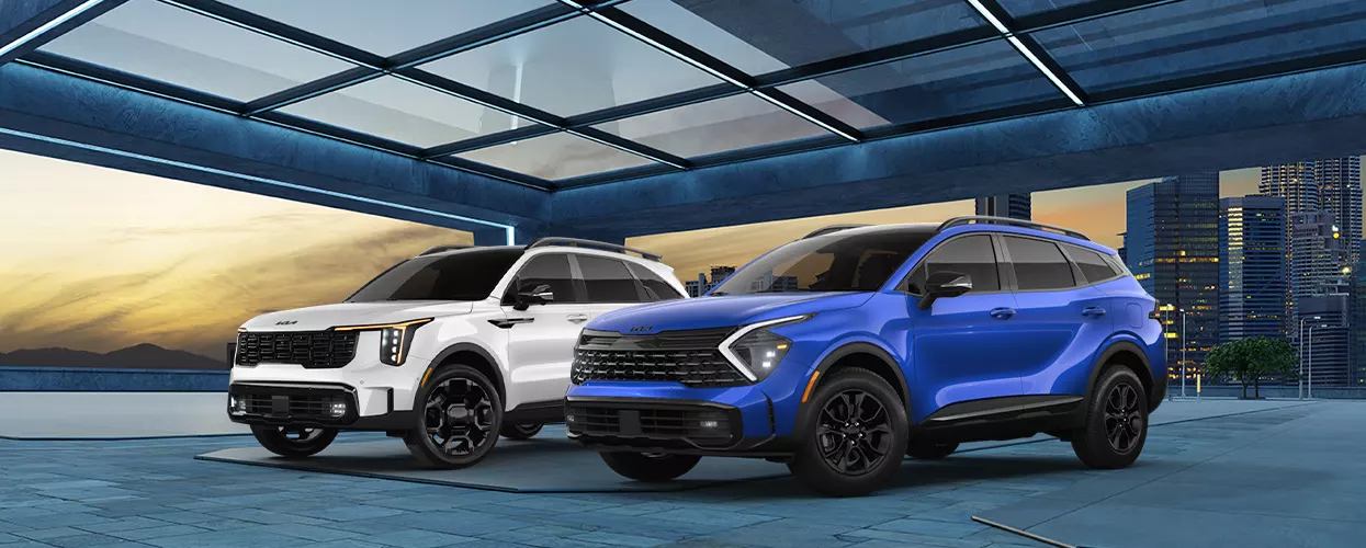 Kia vehicle lineup in a parking garage