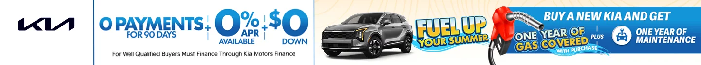 0 payments for 90 days. 0% APR Available plus $0 Down. Buy a new Kia and get one year of gas and one year of maintenance. When you gotta have it you gotta get it. At Kia of Leesburg.