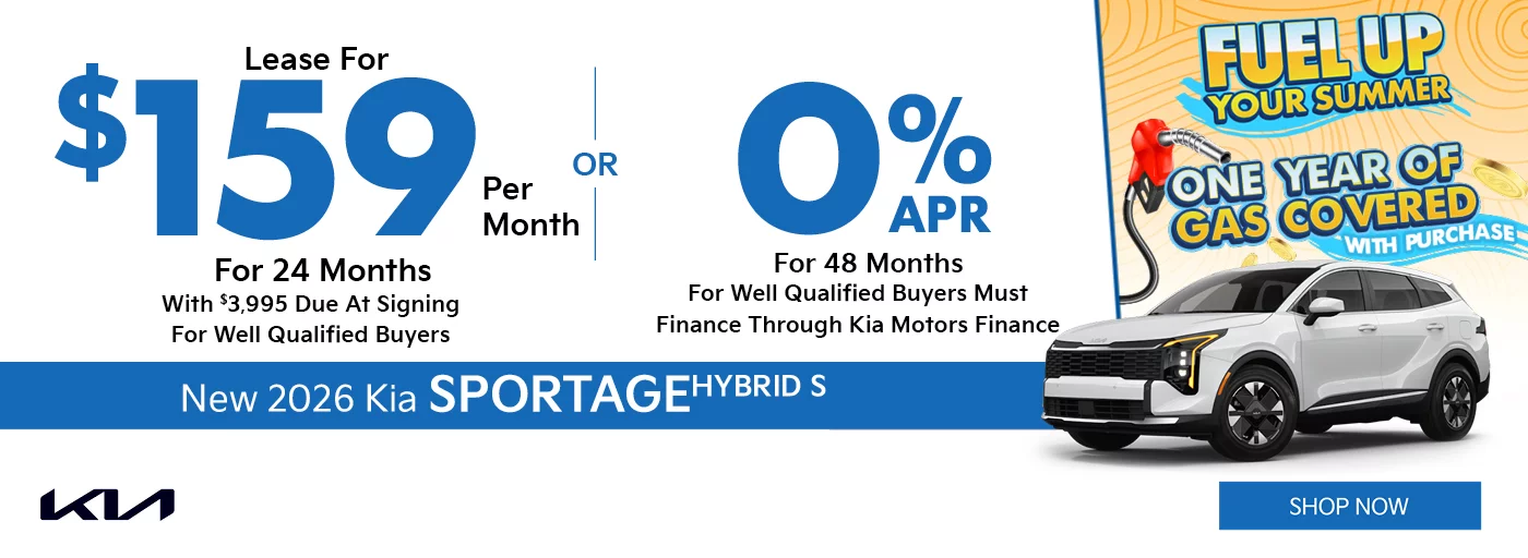 2026 Kia Sportage Hybrid S  $3,995 Down - $159 a month for 24 months - OR – 0% APR for 48 Months 