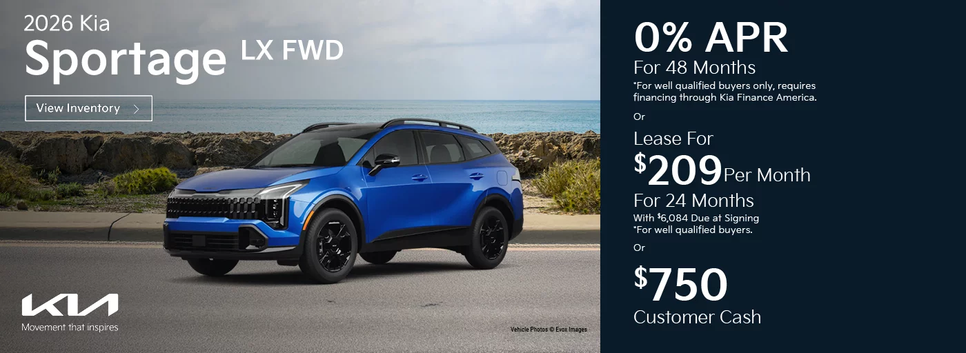 2026 Kia Sportage LX FWD 0% APR For 48 Months  *For well qualified buyers only, requires financing through Kia Finance America. -OR- Lease For $209 Per Month For 24 Months With $6,084 Due at Signing *For well qualified buyers. -OR- $750 Customer Cash