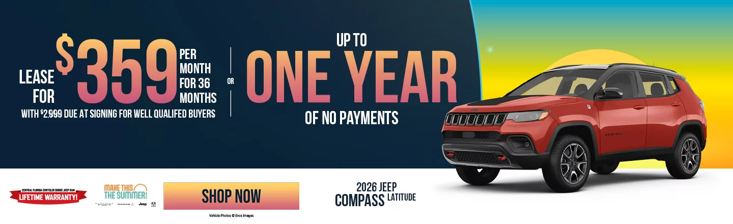 2026 Jeep Compass Latitude  Lease: Lease for $359 Per Month For 36 Months With $2,999 DAS For Well Qualified Buyers OR – Up to One Year of No Payments 