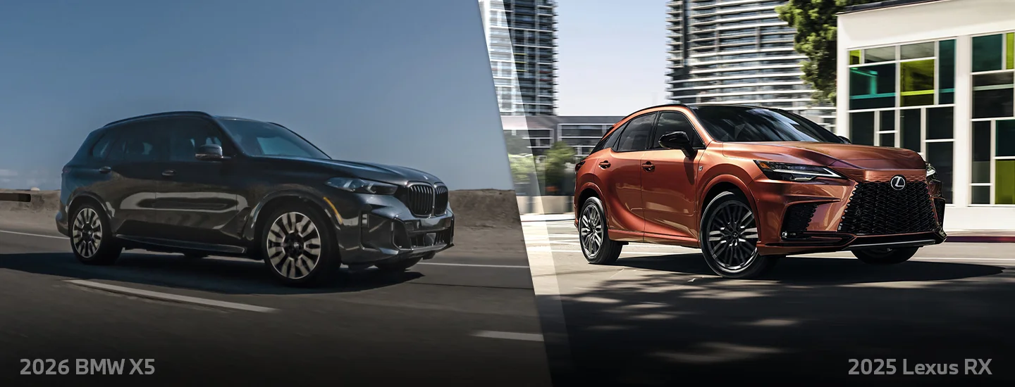 split image of a 2026 BMW X5 M Competition and a 2025 Lexus RX 500h