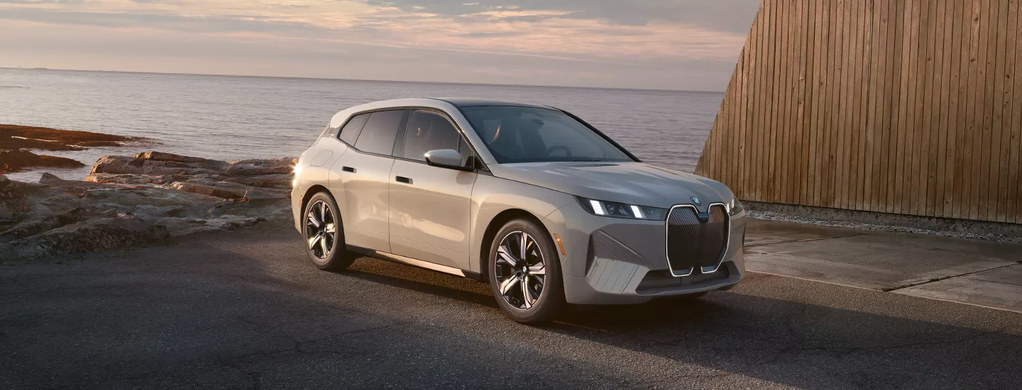 2026 BMW iX parked in front of a cliff with the ocean in the background