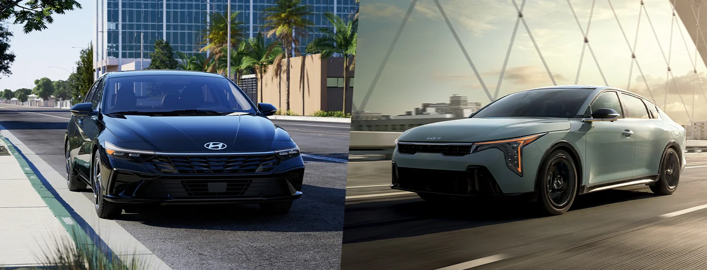 2025 Hyundai Elantra N-Line and a 2025 Kia K4 GT-Line Turbo split screen image