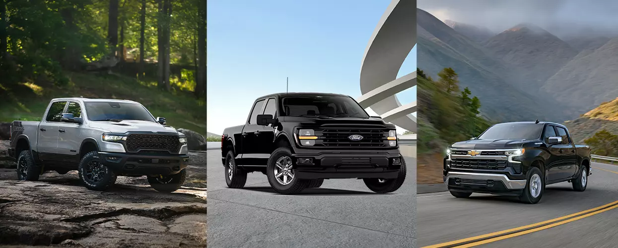 Comparison of Ram, Ford, and Chevrolet full-size pickup trucks showcasing design, capability, and performance