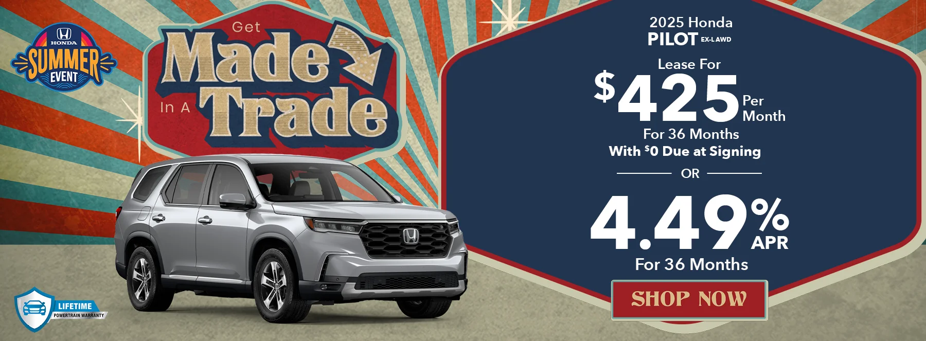 Get Made In A Trade! 2025 Honda Pilot EX-L AWD Lease For $425 Per Month For 36 Months With $0 Due At Signing  4.49% APR For 36 Months