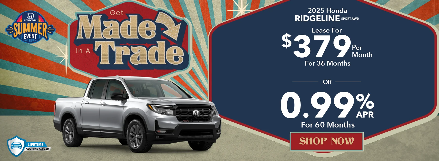 Get Made In A Trade! 2025 Honda Ridgeline Sport AWD Lease For $379 Per Month For 36 Months 0.99% APR For 60 Months