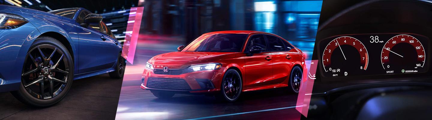 2022 Honda Civic front tire view side by side a 2022 Honda Civic in motion side view and view of the speedometer