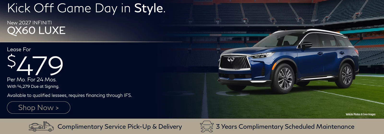 2027 INFINITI QX60 LUXE Lease for $479 Per Month for 24 Months with $4,279 due at signing. Offer available to qualified buyers, requires financing through IFS.