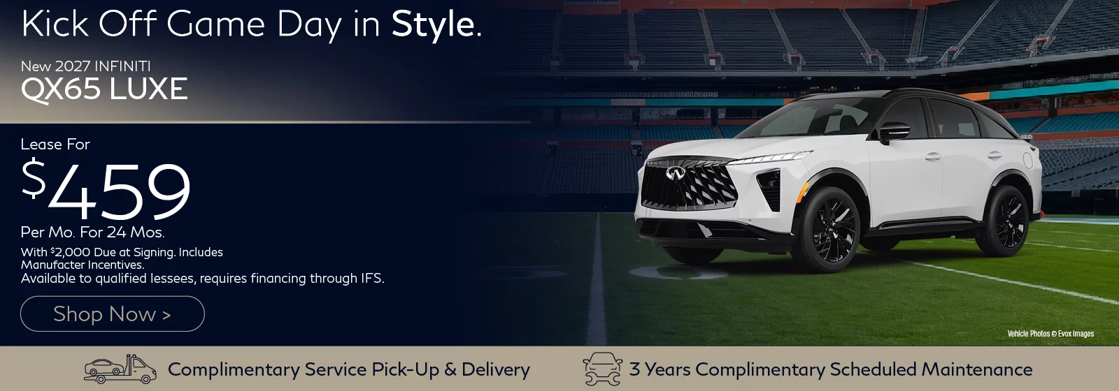 2027 INFINITI QX65 LUXE Lease for $459 Per Month for 24 Months with $2,000 Down. Includes Manufacturer Incentives. Offer available to qualified buyers, requires financing through IFS.