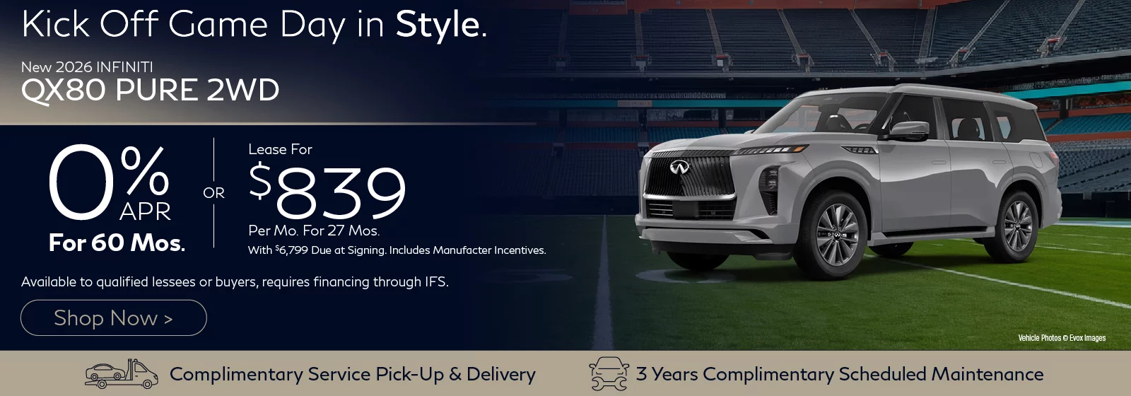 2026 INFINITI QX80 PURE 2WD 0% APR FOR 60 MONTHS  OR Lease for $839 Per Month for 27 Months with $6,799 Down Plus $3,000 Bonus Offers available to qualified buyers, requires financing through IFS.