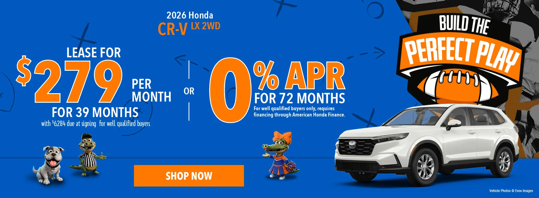 2026 Honda CR-V LX 2WD Lease For $279 Per Month For 39 Months with $6,284 due at signing For well qualified buyers. 0% APR For 72 Months For well qualified buyers only, requires financing through American Honda Finance.