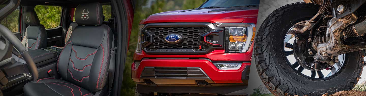 closeups of interior, front grill and wheel technology of Black Widow Truck by Ford