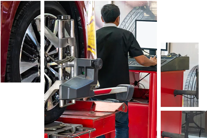 Service tech working on a wheel alignment
