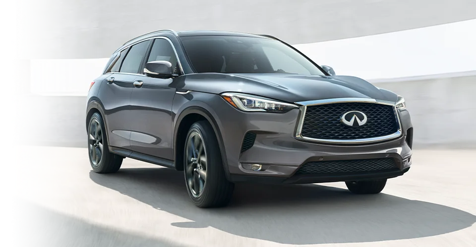 Front side view of a gray INFINITI SUV