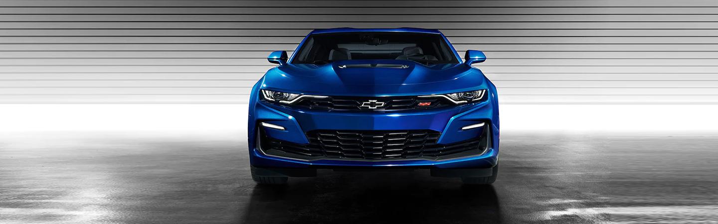Blue 2022 Chevy Camaro front view parked