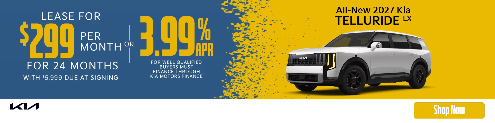 2027 Kia Telluride LX  Lease For $299 Per Month For 24 Months With $5,999 Due At Signing  - OR – 3.99% for 48 Months 