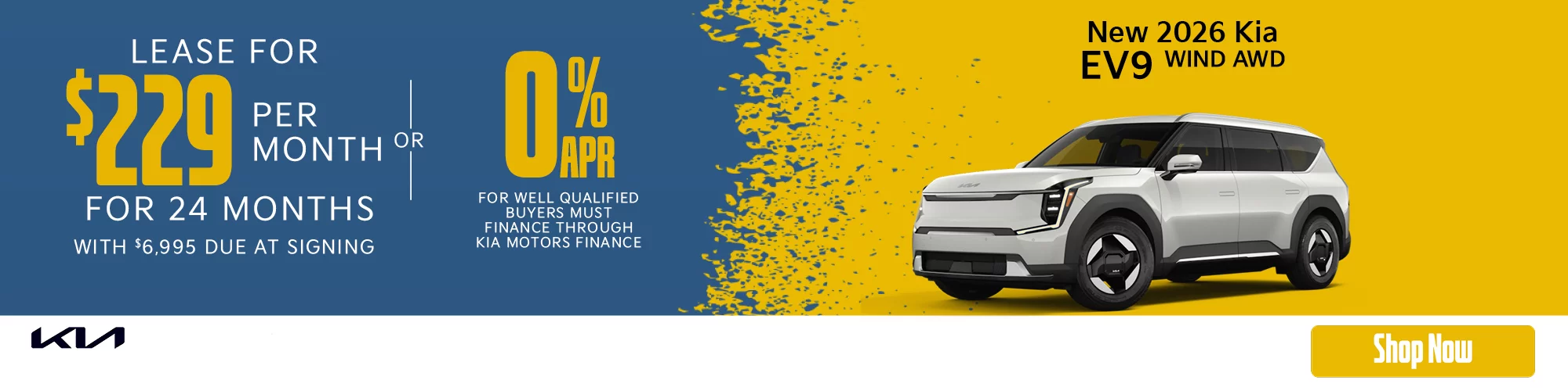 2026 Kia EV9 Wind AWD Lease For $229 Per Month For 24 Months With $6,995 Due At Signing  - OR – 0% for 60 Months  