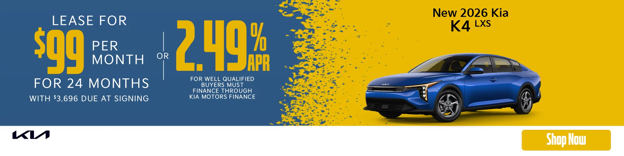 2026 Kia K4 LXS Lease For $99 Per Month For 24 Months With $3,696 Due At Signing  OR 2.49% APR for 48 Months 