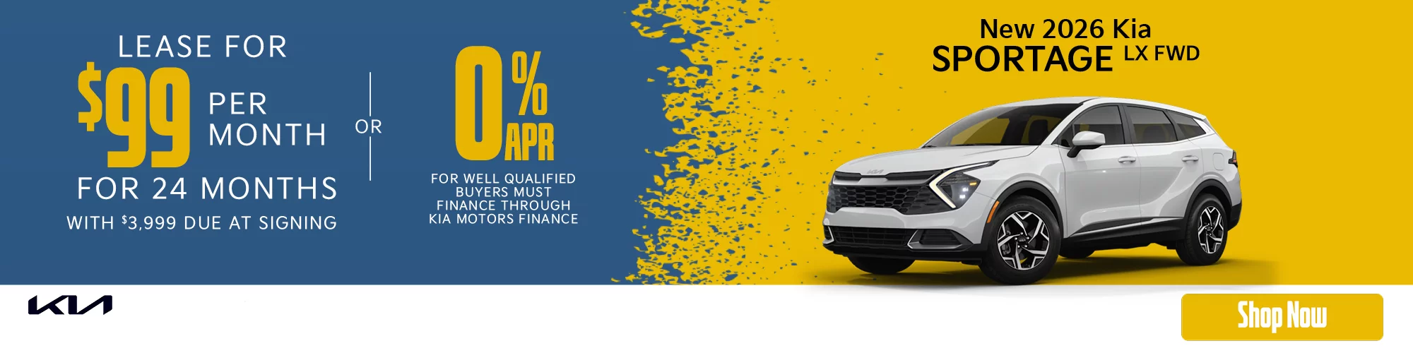 2026 Kia Sportage LX  Lease For $99 Per Month For 24 Months with $3,999 Due at Signing  - OR – 0% APR for 48 Months   