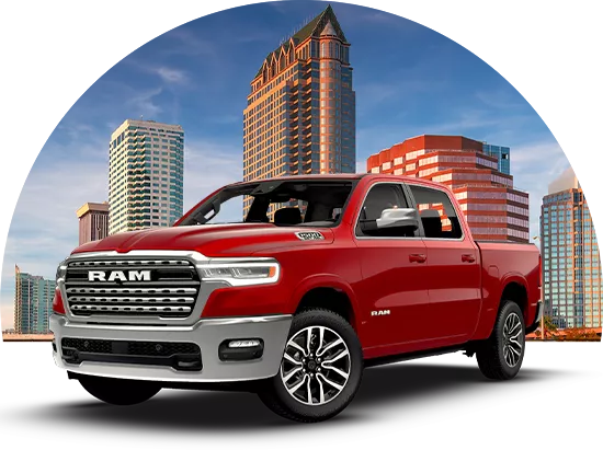 2025 Dodge Ram 1500 parked in front of a city skyline