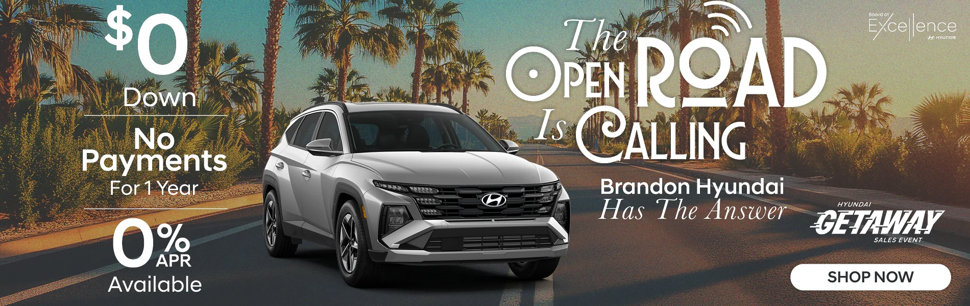 The Open Road is Calling Brandon Hyundai Has the Answer - $0 Down, No Payments For 1 Year - 0% APR Available - Shop Now