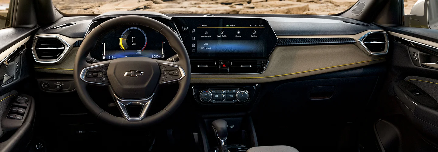 Interior view of the dashboard and tech of a 2026 Chevrolet Trailblazer