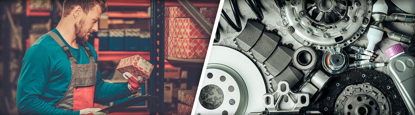 Side by side of a technician examining parts, and miscellaneous Chevrolet parts