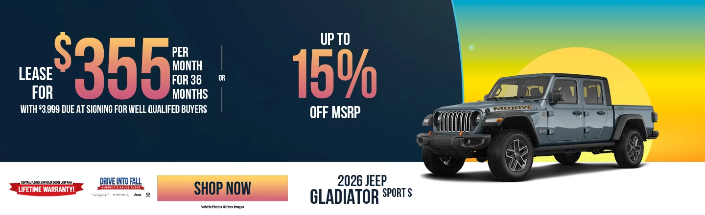   2026 Jeep Gladiator Sport S LEASE: Lease For $355 Per month For 36 Months With $3,999 Due At Signing  For Well Qualified Buyers  OR: Up to 15% OFF 