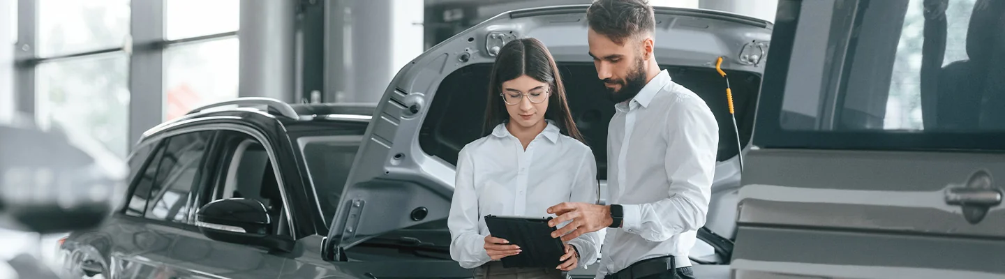 two people reviewing information at dealership