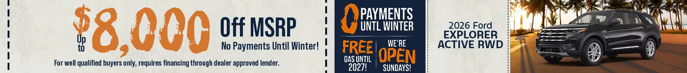 2026 Ford Explorer Active RWD Up to $8,000 Off No Payments Until Winter!