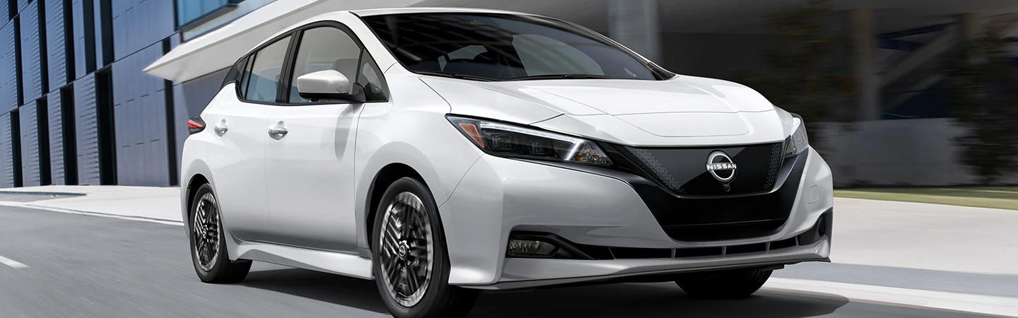 The 2024 Nissan LEAF front side in white 