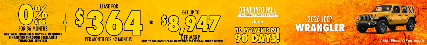 2026 JEEP WRANGLER  0% APR FOR 36 MONTHS FOR WELL QUALIFIED BUYERS. REQUIRES FINANCING THROUGH STELLANTIS FINANCIAL SERVICES  -  OR - Lease for $364 per month for 42 months with $4,499 total due at signing for well qualified buyers - OR- GET UP TO $8,947 OFF MSRP    BURST: NO PAYMENTS UNTIL DECEMBER
