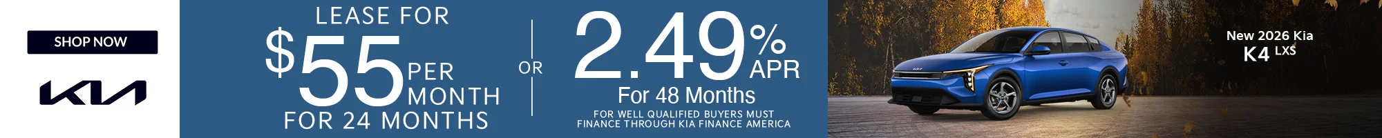 2026 Kia K4 LXS Lease for $55 per Month for 24 Months with $6,684 Due at Signing – OR – 2.49% APR for 48 Months