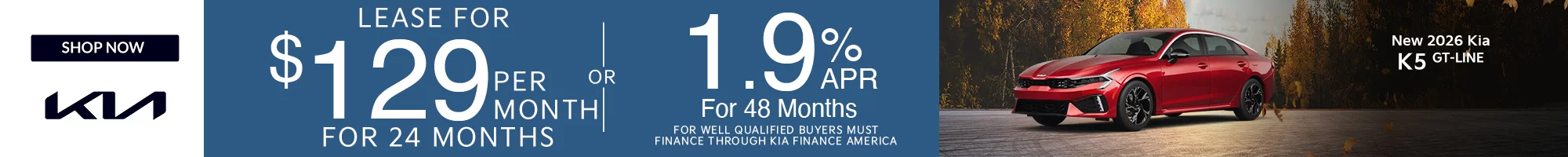 Lease for $129 per Month for 24 Months with $3,999 Due at Signing – OR – 1.99% APR for 48 Months