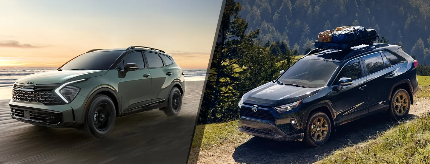 Side by side of photos of a 2025 Kia Sportage and a Toyota RAV4