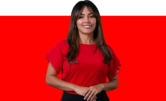 Karina in a red shirt with a red background