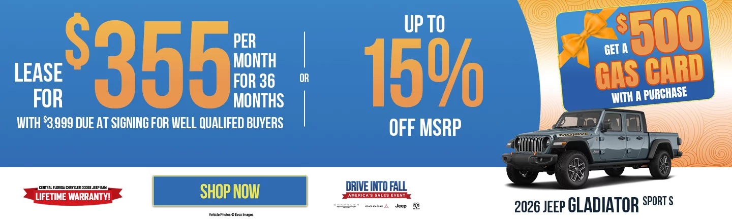   2026 Jeep Gladiator Sport S LEASE: Lease For $355 Per month For 36 Months With $3,999 Due At Signing  For Well Qualified Buyers  OR: Up to 15% OFF 