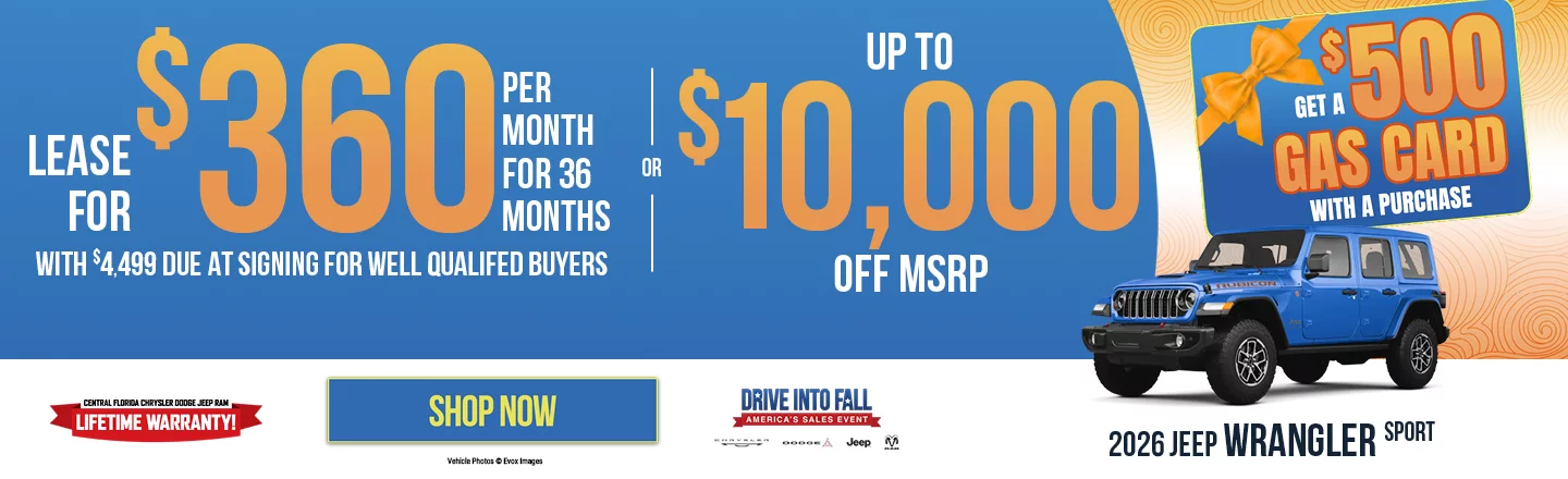 2026 Jeep Wrangler Sport LEASE: Lease For $360 Per month For 36 Months With $4,499 Due At Signing For Well Qualified Buyers OR: Up to $10,000 Off MSRP