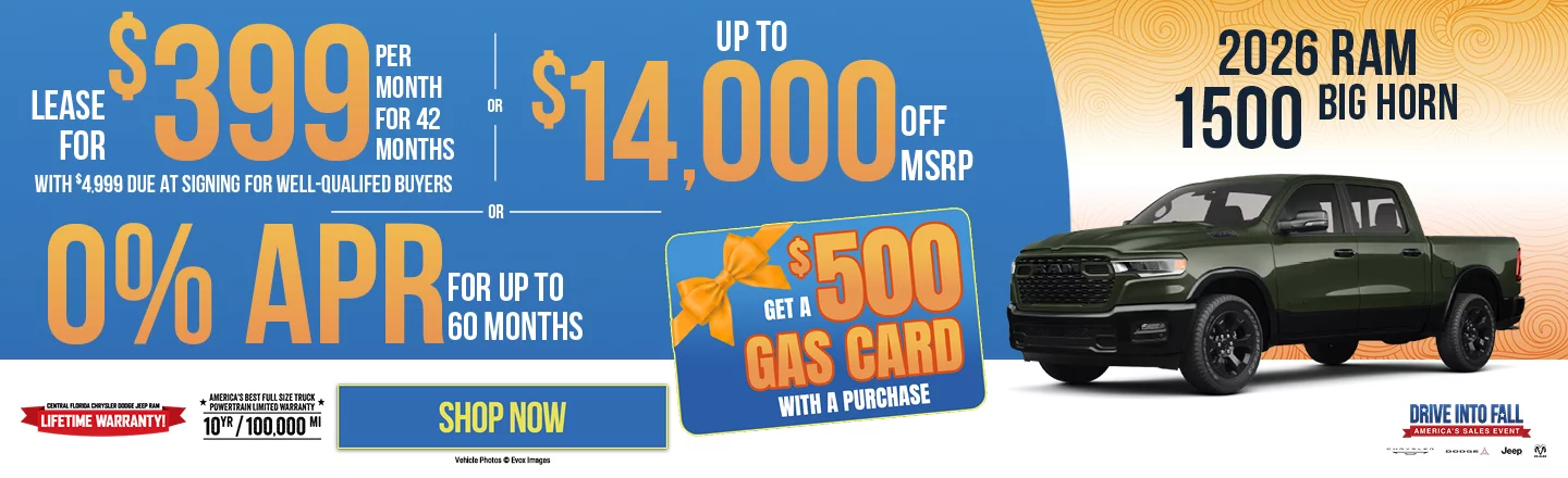 2026 RAM 1500 Big Horn LEASE: Lease For $399 Per Month For 42 Months With $4,999 Due At Signing For Well Qualified Buyers OR: Up To $14,000 Off MSRP OR: 0% APR For Up To 60 Months For Well Qualified Buyers. Must Finance Through Stellantis Financial Services PLUS: $500 Gift Card