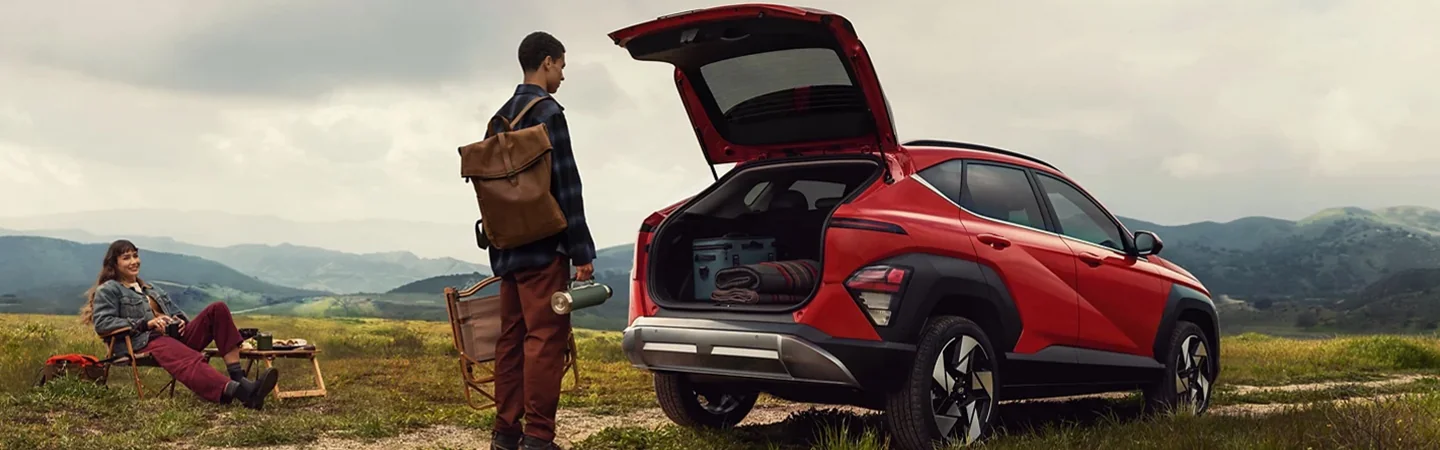 view with hatch in back open loading at campsite of a 2025 Hyundai Kona