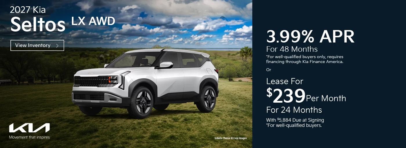 2027 Kia Seltos LX AWD 3.99% APR For 48 Months *For well-qualified buyers only, requires financing through Kia Finance America. -OR- Lease For $239 Per Month For 24 Months With $5,884 Due at Signing *For well-qualified buyers.