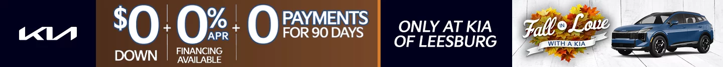 $0 DOWN + 0% APR FINANCING AVAILABLE + 0 PAYMENTS FOR 90 DAYS ONLY AT KIA OF LEESBURG. FALL IN LOVE WITH A KIA