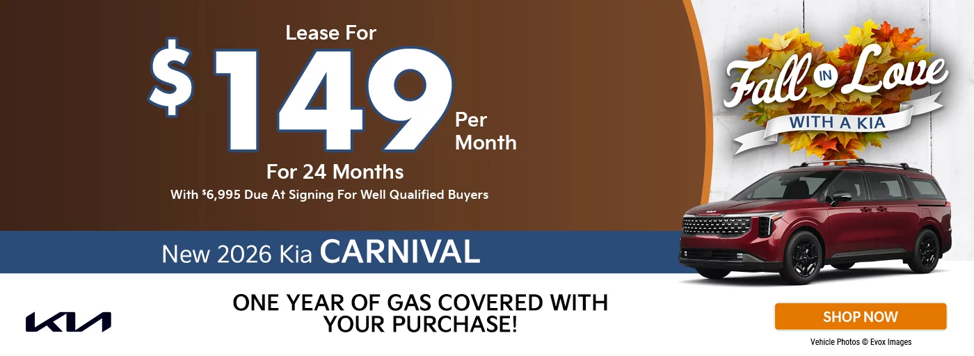 2026 Kia Carnival LXS Lease for $149/mo for 24 months with $6,995 due at signing for well-qualified buyers 