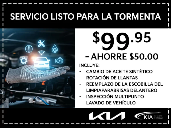 Servicio Listo para la Tormenta $99.95 — Ahorre $50.00. Incluye: Cambio de aceite sintético, Rotación de llantas, Reemplazo de la escobilla del limpiaparabrisas delantero, Inspección multipunto, Lavado de vehículo