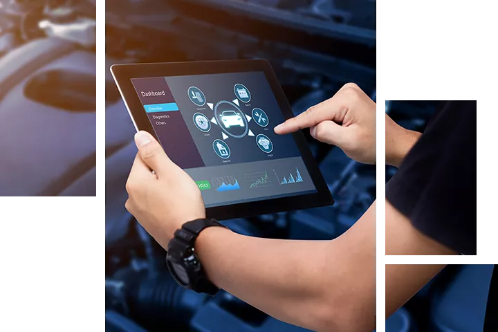 Service technician looking at diagnostics on a tablet